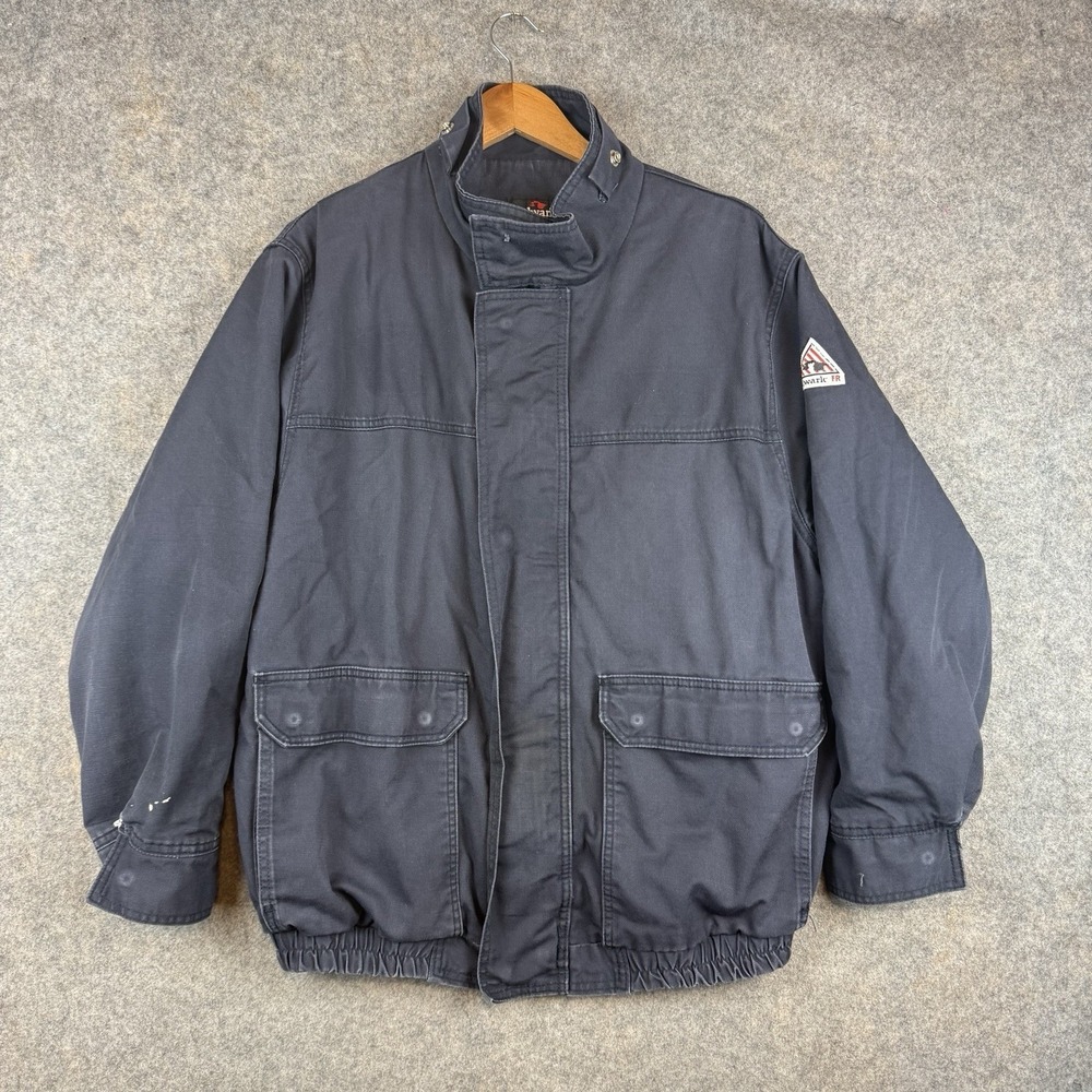 Bulwark FR Jacket Mens Large Blue Bomber CAT 3 Distressed Flame Resistant Zip Up